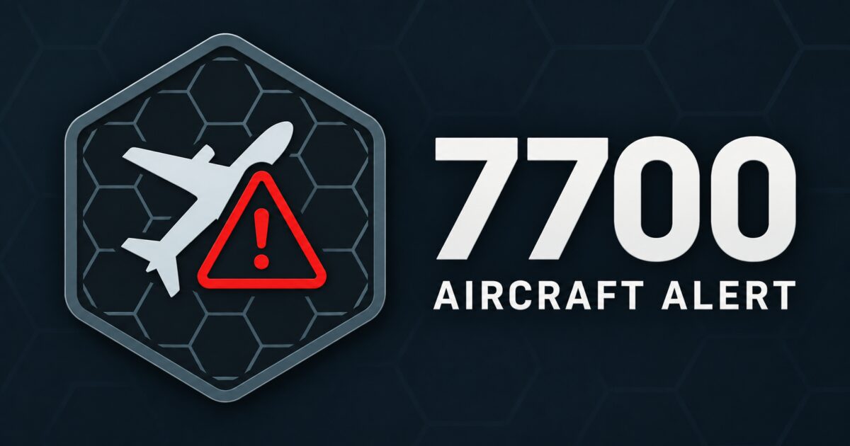 7700 Aircraft Alert: aircraft and red warning symbol on a dark hexagonal badge.