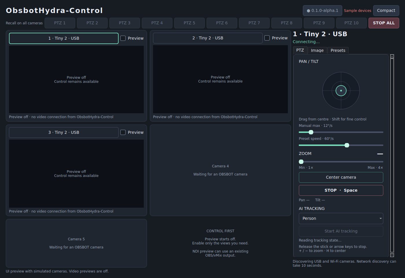 The camera dashboard, shown with sample devices and video previews off.