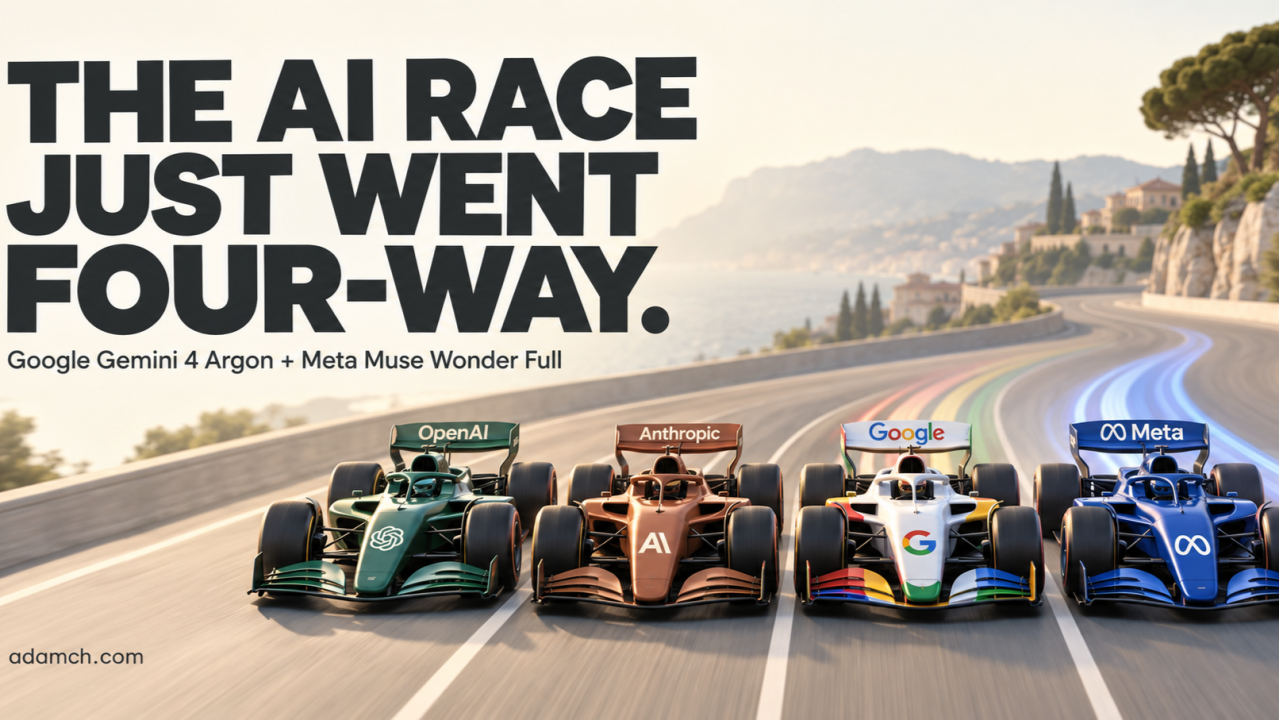 Four Formula 1 cars racing side by side on a coastal track, branded OpenAI, Anthropic, Google and Meta, under the headline: The AI race just went four-way.